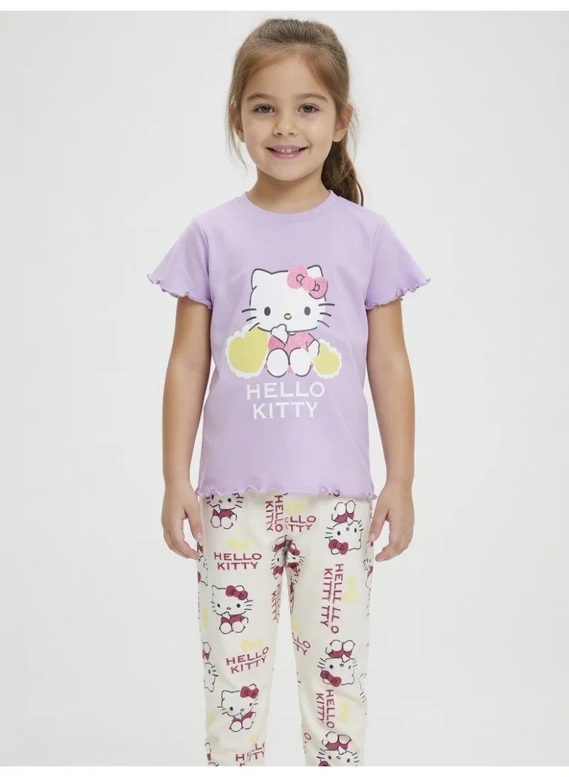 هالو كيتي هيلو كيتي | طقم تيشيرت وبنطال بأكمام قصيرة للبنات | أرجواني فاتح